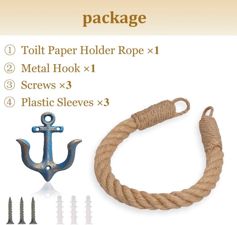 Amerla Nautical Anchor Toilet Paper Holder Rustic Industrial Wall-Mounted Towel Ring with Metal Hook for Bathroom Decor (Blue) - Image 2